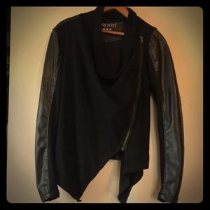 Faux Leather & Cotton Asymmetrical zip Jacket